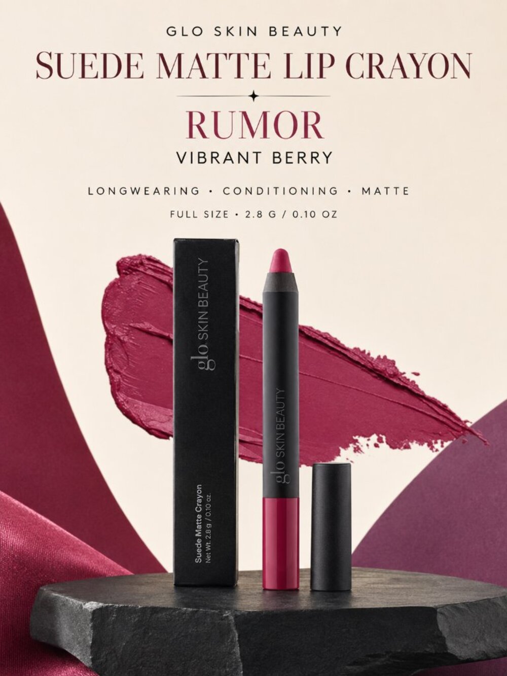 Glo Skin Beauty Suede Matte Lip Crayon Rumor Vibrant Berry NIB 0.10 oz